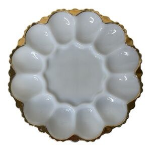 Vintage Anchor Hocking Fire King Gold Trim Milk Glass Deviled Egg Serving Plate